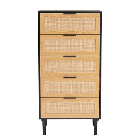 Maureen Wood and Rattan 5 Drawer Storage Chest Espresso/Natural Brown -  Baxton Studio