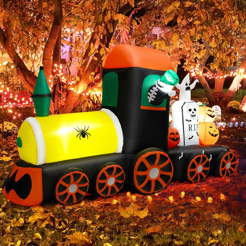 Tangkula 8 FT Long Halloween Inflatable Decoration w/ LEDs Inflatable Train w/ Pumpkins Ghost Skeleton Indoor Outdoor Halloween Decor, 2 of 11