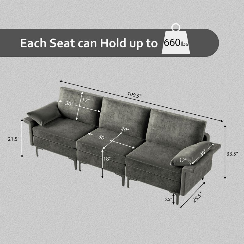 Costway Modern Modular Fabric 3-Seat Sofa Couch Living Room Furniture w/ Metal Legs Blue\Grey, 4 of 10