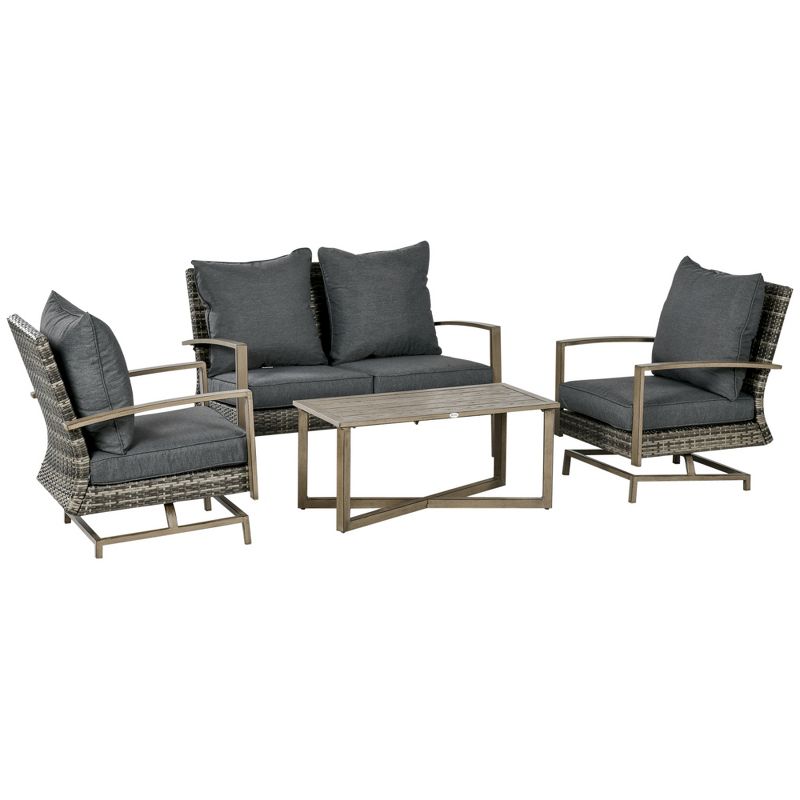 Outsunny Patio Furniture Set, 4 Piece Outdoor Rattan Conversation Set with 2 Rocking Chairs, Cushions, Loveseat Sofa & Coffee Table, 1 of 9