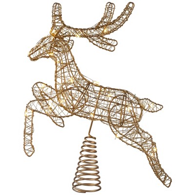 Gold Metal LED Lighted Reindeer Christmas Tree Topper, 13"