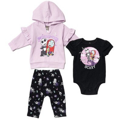 Image of Disney Nightmare Before Christmas Sally Newborn Baby Boy or Girl Pullover Hoodie Bodysuit & Pants 3 Pcs Outfit Set Black / Purple 0-3 Months