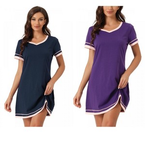 INSPIRE CHIC Women's 2 Pcs Short-Sleeve Nightshirt Color-Block V-Neck Sleepdress Set - 1 of 4