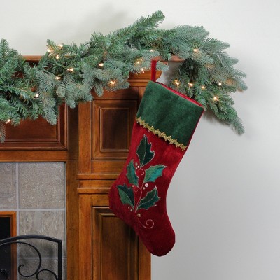 21" Red and Green Velvet Christmas Stocking with Holly Embroidery