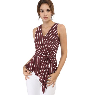 Allegra K Women's Sleeveless V Neck Tie Waist Asymmetric Hem Wrap Peplump Tops