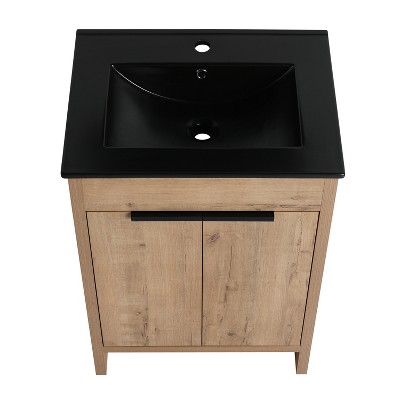 Vynxaria 24 in. Single Freestanding White Oak Plywood Bath Vanity with Black Ceramic Counter KD-PACKING Ready to Assemble