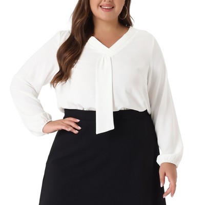 Agnes Orinda Women's Plus Size Office Fashion Long Sleeves Ribbon Front Chiffon Blouses