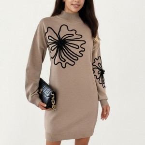 Anna-Kaci Women's Mock Neck Knit Sweater Dress with Oversized Floral Applique - 1 of 4