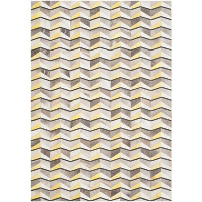 Ivory and Yellow Hand-Knotted Geometric Cowhide Rug, 5' x 8'