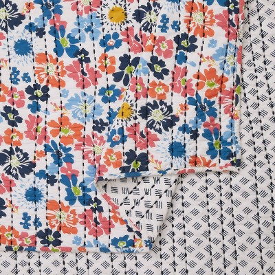 King White Cotton Reversible Floral Quilt Set