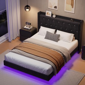 Floating Bed with Velvet Upholstered Storage Headboard for Apartment Bedroom, No Box Spring Needed, Noise Free - 1 of 4