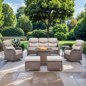 Gymojoy 7 Pieces Outdoor Patio Wicker Sofa Swivel Chair Ottoman with 6 Inch Cushions and Fire Pit Table - 1 of 4