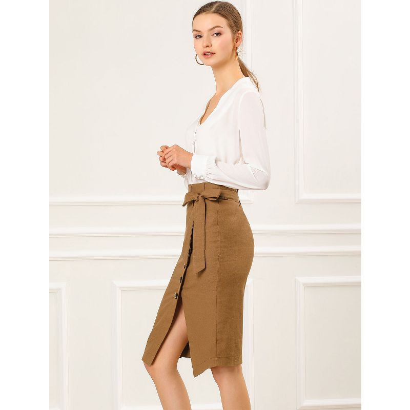 Allegra K Women's Vintage Button Decor Belted Split Front Knee Length Pencil Skirt, 5 of 8