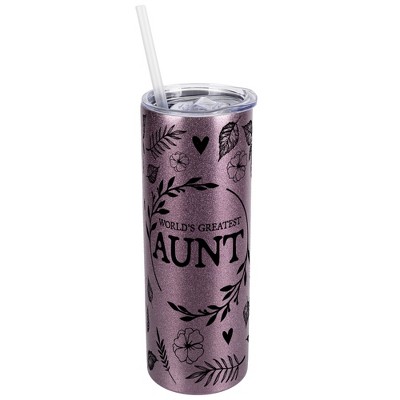 Elanze Designs Floral Rose Gold 20 Ounce Double Wall Stainless Steel Glitter Travel Tumbler With Sliding Lid And Straw, World's Greatest Aunt