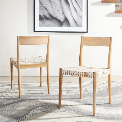 Set of 2 White Woven Leather and Teak Dining Chairs