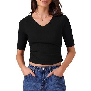 INSPIRE CHIC Women's V Neck Short Sleeve Stretchy Ruched Basic Casual Cropped Tops - 1 of 4