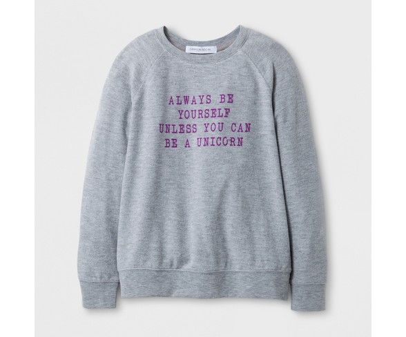 Grayson Social Girls' Always Be Yourself Unless You Can Be A Unicorn Graphic Pullover Sweater - Athletic Heather M