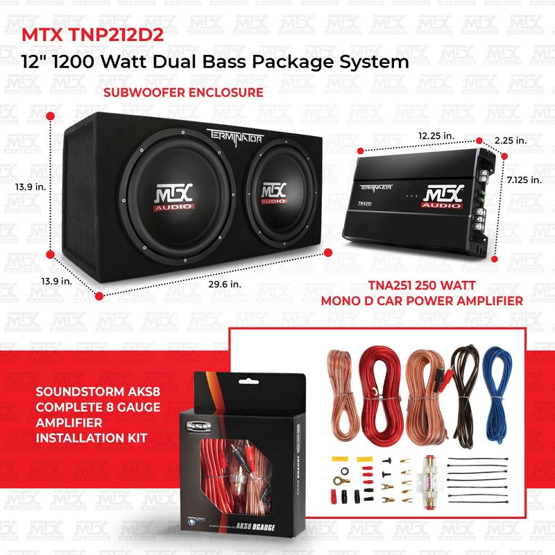 MTX 12" 400 Watt RMS Dual Loaded 1200 Watt Car Subwoofer Enclosure Audio with Sub Box, Mono Block & 8-Gauge Amplifier Complete Wiring Installation Kit, 2 of 7