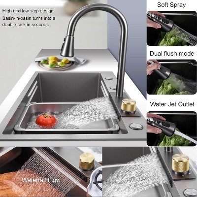 Gunmetal Gray Stainless Steel Single Basin Kitchen Sink with Waterfall Faucet