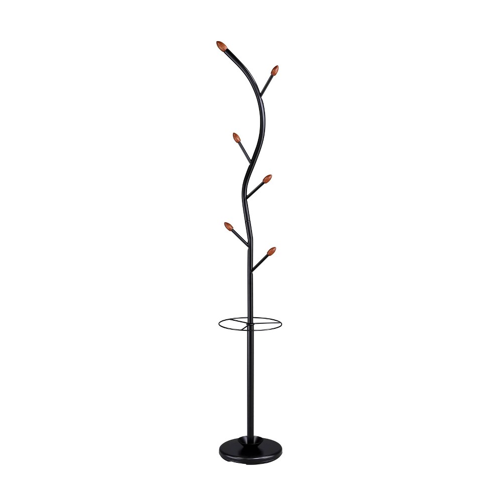 76" Billie Black Tree Coat Rack Walnut Hooks with Umbrella Stand - Ore International