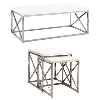 Monarch White Chrome Contemporary Living Room Coffee Table & Nesting End Table