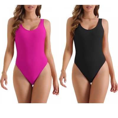 INSPIRE CHIC Women's Solid Scoop Neck Wide Strap Low Back Slimming Monokini Bathing Bikini Suit 2 Sets