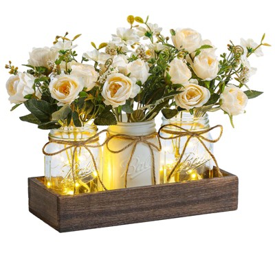 3 PCS Mason Jar Centerpiece for Table with Artificial Flowers, Coffee Table Decor with Wood Tray, Summer Decoration For Dining Room Kitchen