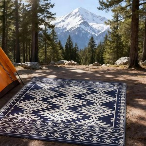NAYSAYE 9' x 12' Reversible Outdoor Rug Portable Camping Area Mat Waterproof Patio Deck Backyard Decor , Blue and White - 1 of 4