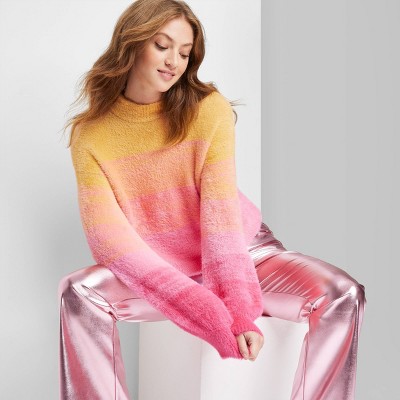 Women's Mock Turtleneck Fuzzy Boxy Pullover Sweater - Wild Fable™ Pink/Orange Ombre M