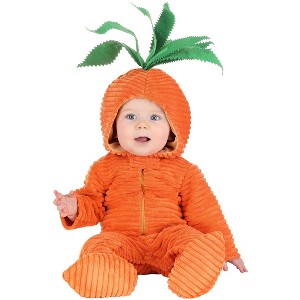 HalloweenCostumes.com Infant Carrot Costume, Baby Orange Vegetable Hooded Jumpsuit with Booties, Easter Outfits for Babies - 1 of 4
