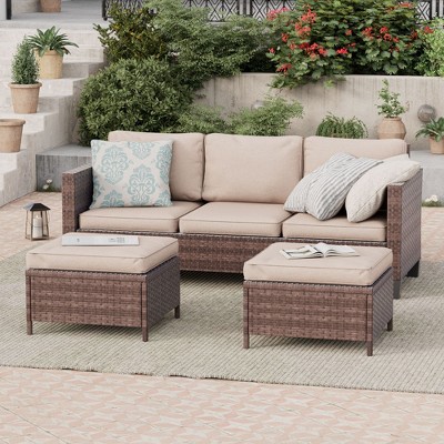 Sonkuki 3-Seater Patio Sofa Set Brown/Gray Rattan with Ottomans