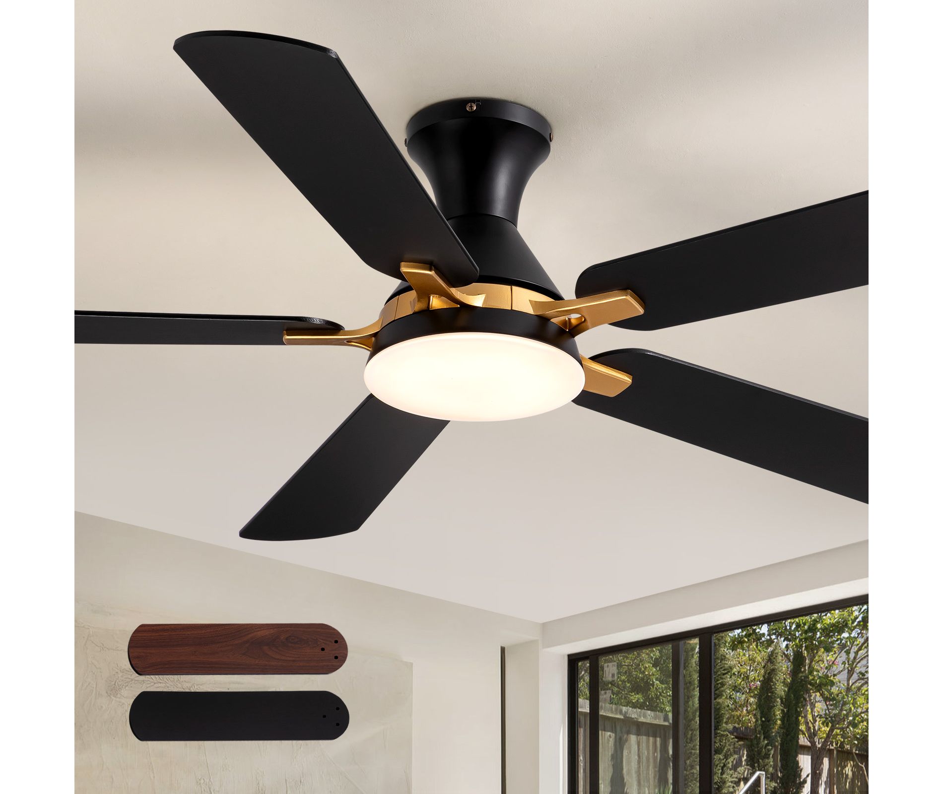 Ludomide 52 Inch Industrial Led Ceiling Fan With Lights And Remote, Modern Black And Gold Flush Mount Ceiling Fan With 5 Blades