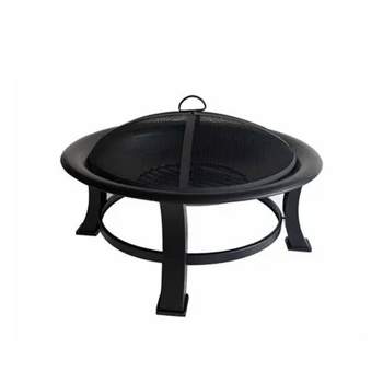 Four Seasons Courtyard 30 Inch Round Outdoor Patio Decor Wood Burning Fire Pit Fireplace with Screen and Poker Accessories, Black