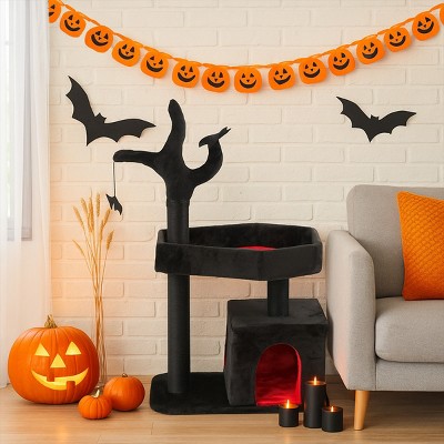 FURNIinspire Pet Tower 44.5 Inch Heavy Duty Gothic Cat Tree Tower Indoor Large Condo, Halloween Pet Activities Platform, Black , 15.8"*27.6"*44.5"