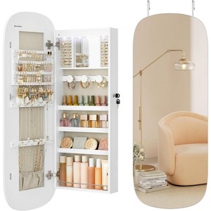LED Jewelry Cabinet Wall/Door Mounted with Lock, Rounded Wide Mirror & Interior Storage, 3.9x16.5x42.5 Inches, White - 1 of 4