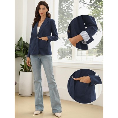 INSPIRE CHIC Women's Cotton Linen Business Casual One Button Work Office Suit Blazer Small Navy Blue — фото 2