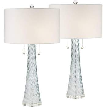 Possini Euro Design Modern Table Lamps 28.5" Tall Set of 2 Light Sky Blue Fluted Glass White Drum Shade for Living Room Bedroom Office Family