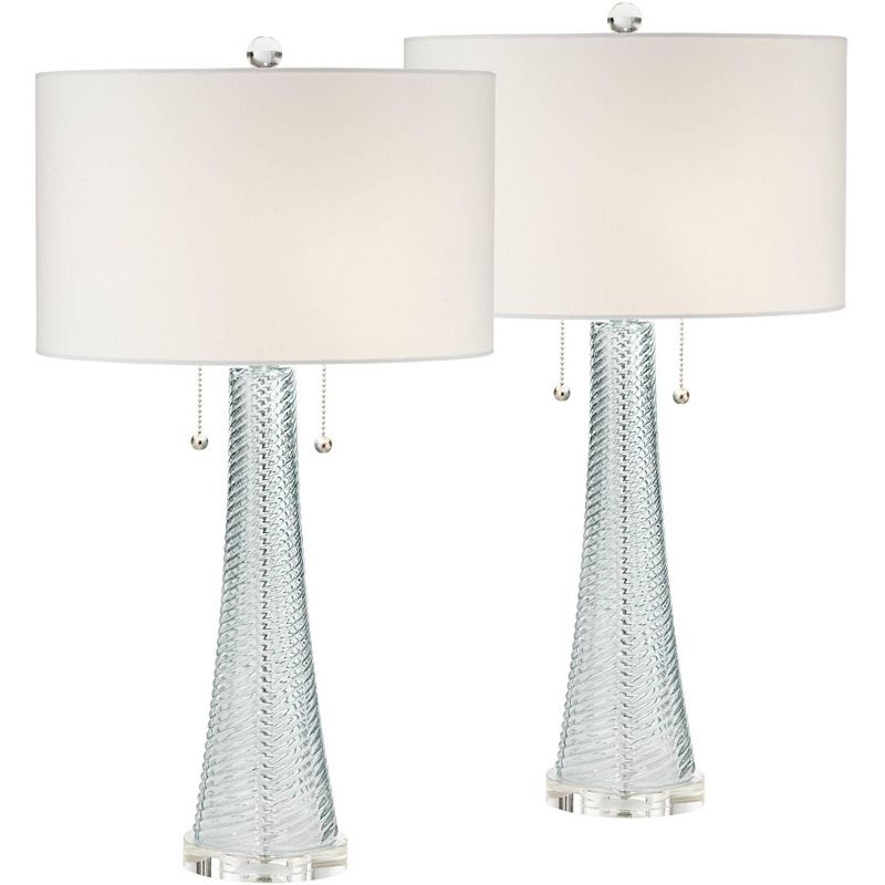Possini Euro Design Modern Table Lamps 28.5" Tall Set of 2 Light Sky Blue Fluted Glass White Drum Shade for Living Room Bedroom Office Family, 1 of 10
