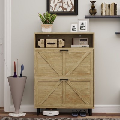 Vynxaria Farmhouse Shoe Storage Cabinet: Barn Door Design, 2 Flip Drawers, Freestanding Narrow Rack with Open Storage for Entryway, Foyer (Natural).