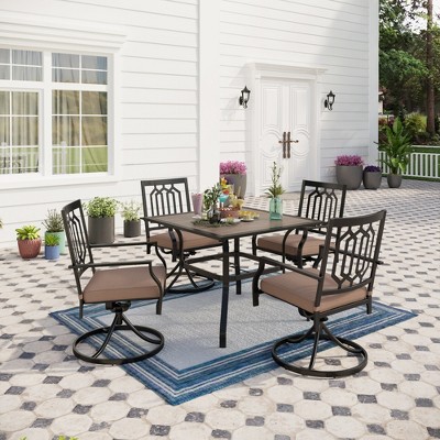 Captiva Designs 5pc Patio Wood-look Square Dining Table with Umbrella Hole & Metal Arm Chairs