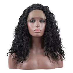 Unique Bargains Lace Front Wigs Heat Resistant Long Water Wave for Girl Daily Use Synthetic Fibre Black 18"
