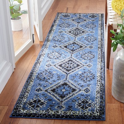 Blue and Black Synthetic Non-slip Runner Rug