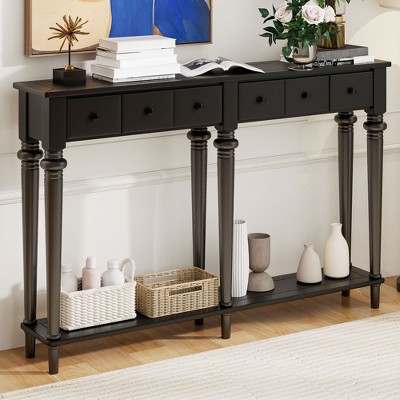 Entryway Table with 4 Drawers Retro Console Table with Open Shelf for Entryways Black