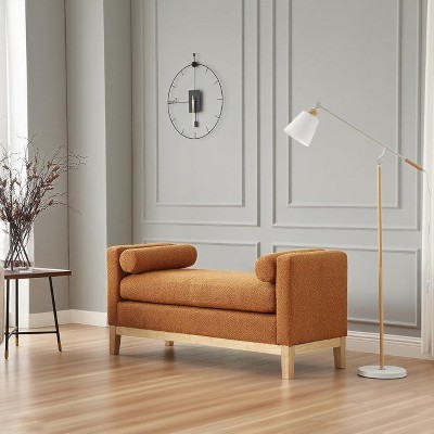 53.5" Upholstered Bench End of Bed, Bedroom Bench for Foot with Wood Legs and Two Bolster Pillows, Ottoman Benches for Entryway/Living Room/Closet