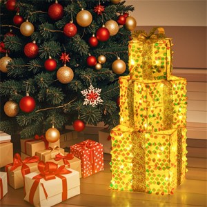 Angel Sar Set of 3 Christmas Lighted Gift Boxes, 90 Warm White LEDs, 10"/8"/6" PVC Sequin Decor with Bows - 1 of 4