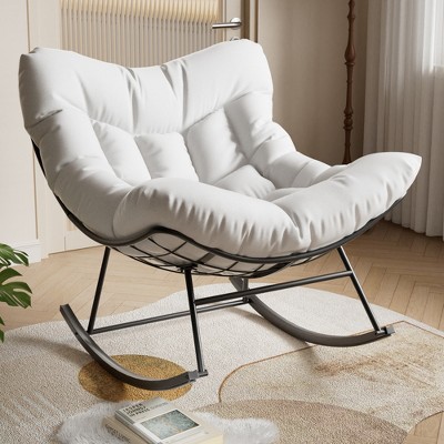 Oversized Outdoor Patio Rocking Chair, Modern Metal Lounge Rocker with Thick 5'' Cushion, Papasan Chairs 350lbs Capacity for Balcony& Bedroom, White