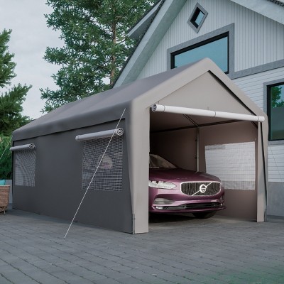 Outdoor 13×20 FT CarPort, Garage with Galvanized Steel Frame and PE Roof,  Storage Canopy Garage with Removable Sidewalls-Coolbibila