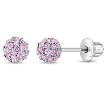 Girls' CZ Cluster Flower Screw Back Sterling Silver Earrings - Clear & Fuchsia - in Season Jewelry