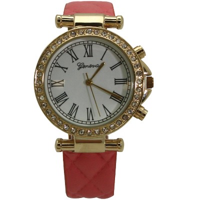 Hot Pink Quilted And Gold Leather Strap Watch : Target