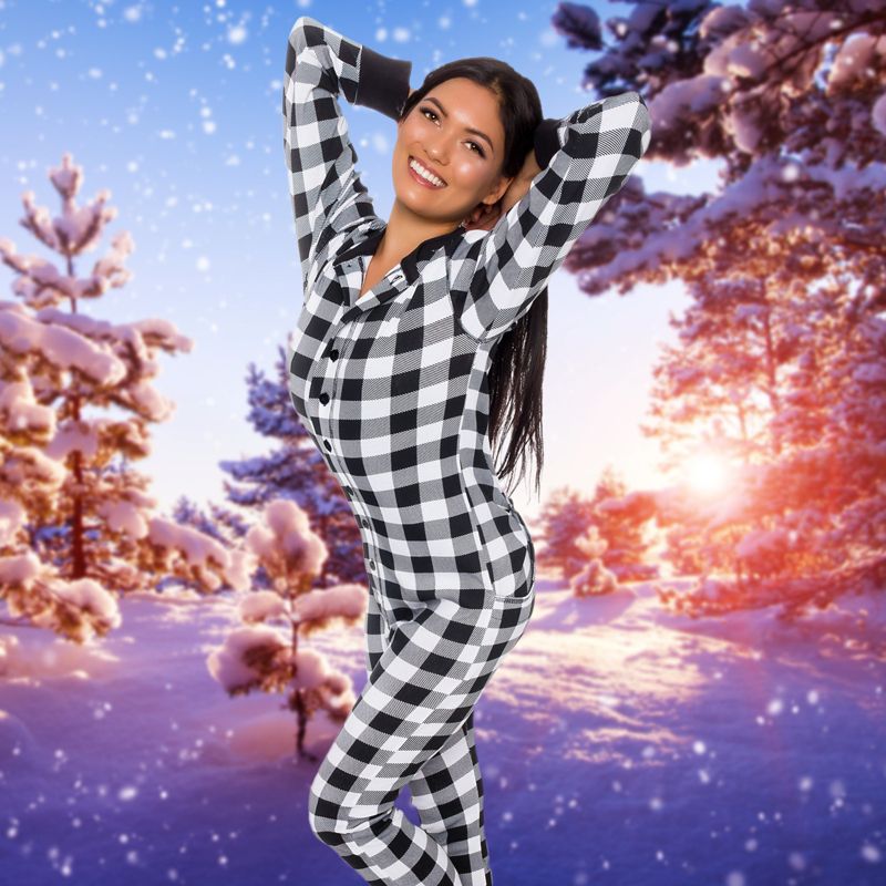 Silver Lilly - Slim Fit Women's Buffalo Plaid One Piece Pajama Union Suit with Functional Panel, 3 of 8